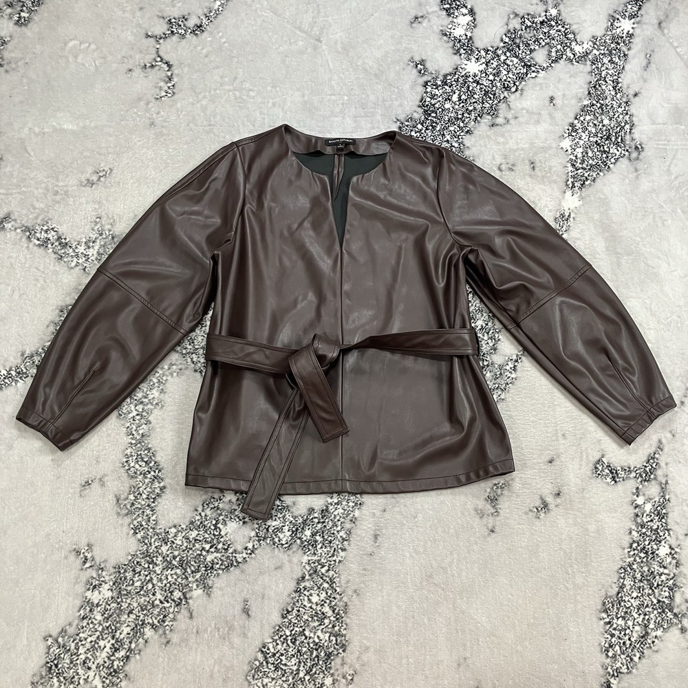Banana Republic Faux Leather Tie Waist Shirt Brown Open Front Size Large